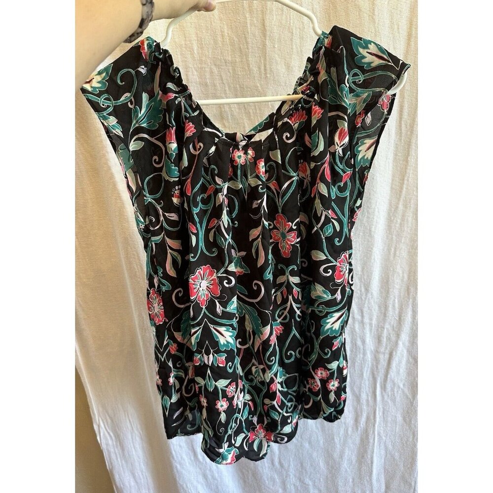 LC Lauren‎ Conrad Blouse Short Sleeve Black Pink Green Floral Top Sz Medium